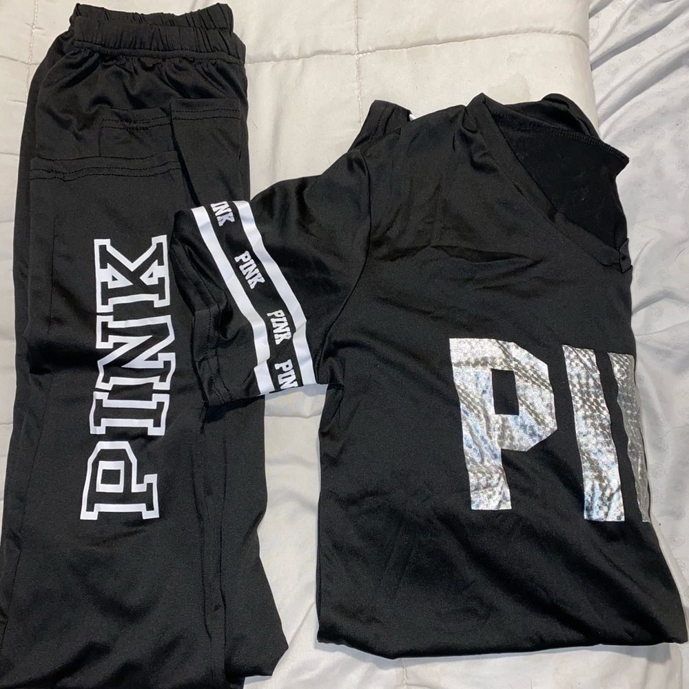 ‼️SOLD ‼️‼️ PINK black silk leggings & silk shirt